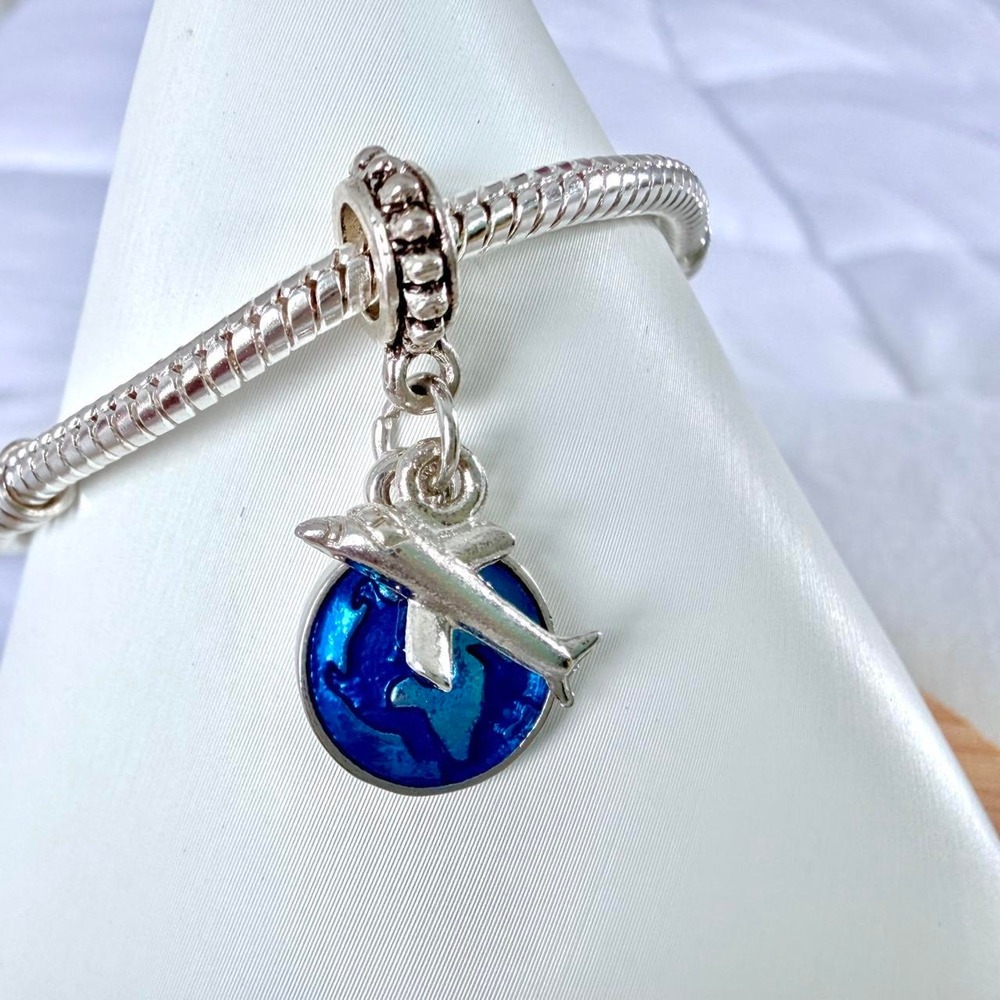 Silver & Blue Dangle Travel Charm Fits European‎ Snake Chain Bracelets